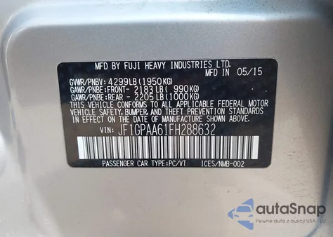 2015 Subaru Impreza 2.0I z USA, uszkodzony, nr VIN JF1GPAA61FH288632